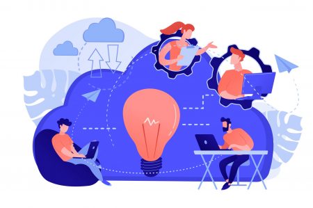 Coworking team of users connected by cloud computing and light bulb. Online collaboration, remote business management, wireless computing service concept. Vector isolated illustration.